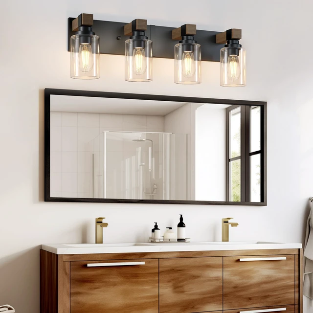 Alt view image 2 of 7 - Farmhouse 4-Light Bathroom Vanity Light Fixtures, Black and Wood 27.5 Rustic Matte Black Metal Frame, Clear Glass Shades, Vintage Wall Sconces Lighting Over Mirror, for Bathroom Restroom