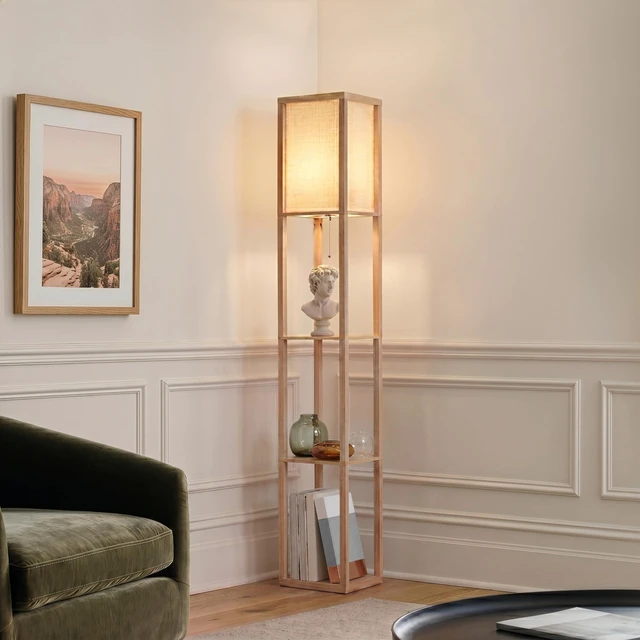 Alt view image 2 of 7 - Maxwell - Modern Shelf Floor Lamp with Lamp Shade & Warm White LED Bulb, Corner Display Floor Lamp with Shelves for Living Room, Bedroom, Nightstand Office, Home Decor Storage - Natural Wood