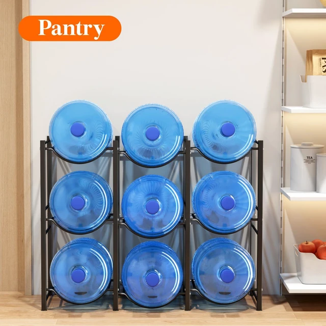 Alt view image 7 of 7 - 5 Gallon Water Jug Holder, 3 Tier Heavy Duty Water Dispenser Stand 9 Slots Water Bottle Storage Rack for Gallon Jugs, 126 lb Capacity Detachable Water Shelf Organizer for Home, Office, Black