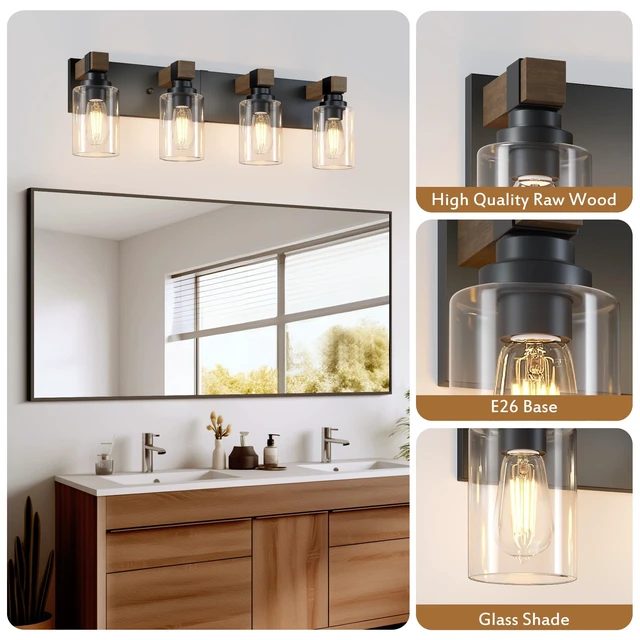 Alt view image 4 of 7 - Farmhouse 4-Light Bathroom Vanity Light Fixtures, Black and Wood 27.5 Rustic Matte Black Metal Frame, Clear Glass Shades, Vintage Wall Sconces Lighting Over Mirror, for Bathroom Restroom