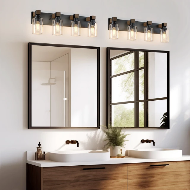 Alt view image 5 of 7 - Farmhouse 4-Light Bathroom Vanity Light Fixtures, Black and Wood 27.5 Rustic Matte Black Metal Frame, Clear Glass Shades, Vintage Wall Sconces Lighting Over Mirror, for Bathroom Restroom