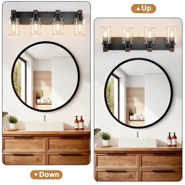 Alt view image 6 of 7 - Farmhouse 4-Light Bathroom Vanity Light Fixtures, Black and Wood 27.5 Rustic Matte Black Metal Frame, Clear Glass Shades, Vintage Wall Sconces Lighting Over Mirror, for Bathroom Restroom
