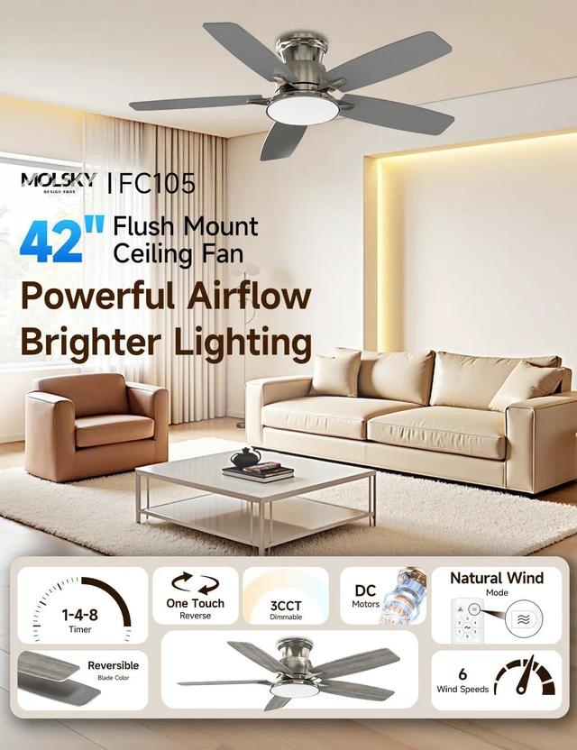 Alt view image 2 of 7 - Flush Mount Ceiling Fan with Light, 42 Inch, Remote Control, 3CCT Dimmable LED, 6-Speed Silent Reversible DC Motor, Low Profile Hugger Ceiling Fan for Indoor/Outdoor 90-264V 50/60Hz Brushed Nickel