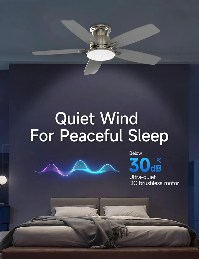 Alt view image 5 of 7 - Flush Mount Ceiling Fan with Light, 42 Inch, Remote Control, 3CCT Dimmable LED, 6-Speed Silent Reversible DC Motor, Low Profile Hugger Ceiling Fan for Indoor/Outdoor 90-264V 50/60Hz Brushed Nickel