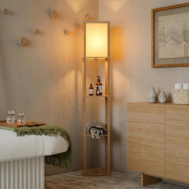 Alt view image 5 of 7 - Maxwell - Modern Shelf Floor Lamp with Lamp Shade & Warm White LED Bulb, Corner Display Floor Lamp with Shelves for Living Room, Bedroom, Nightstand Office, Home Decor Storage - Natural Wood