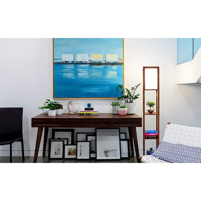 Alt view image 4 of 4 - Maxwell - Modern Shelf Floor Lamp with Lamp Shade & Warm White LED Bulb, Corner Display Floor Lamp with Shelves for Living Room, Bedroom, Nightstand Office, Home Decor Storage - Walnut Brown