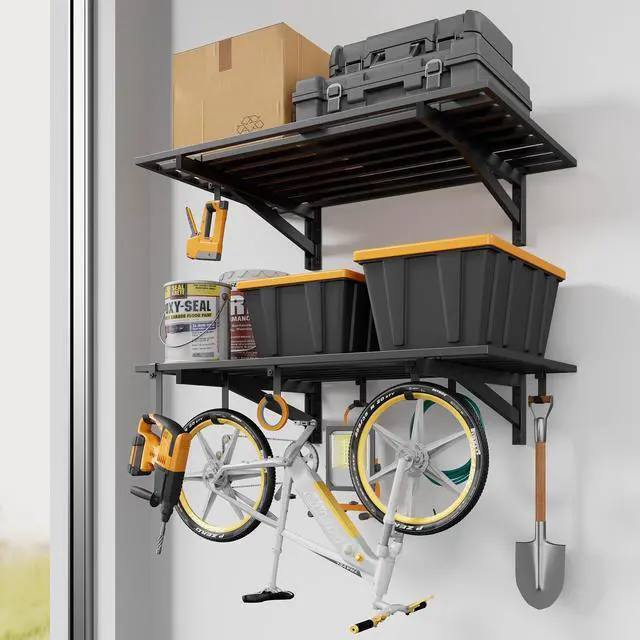Main image of 2 Pack Heavy Duty Garage Wall Shelving with 8 Hooks, 2x3ft, 500lbs Garage Shelving Wall Mounted, 9-Bar Square Tube, Metal Floating Shelves, Industrial Storage Rack for Bins, Tools, Bikes