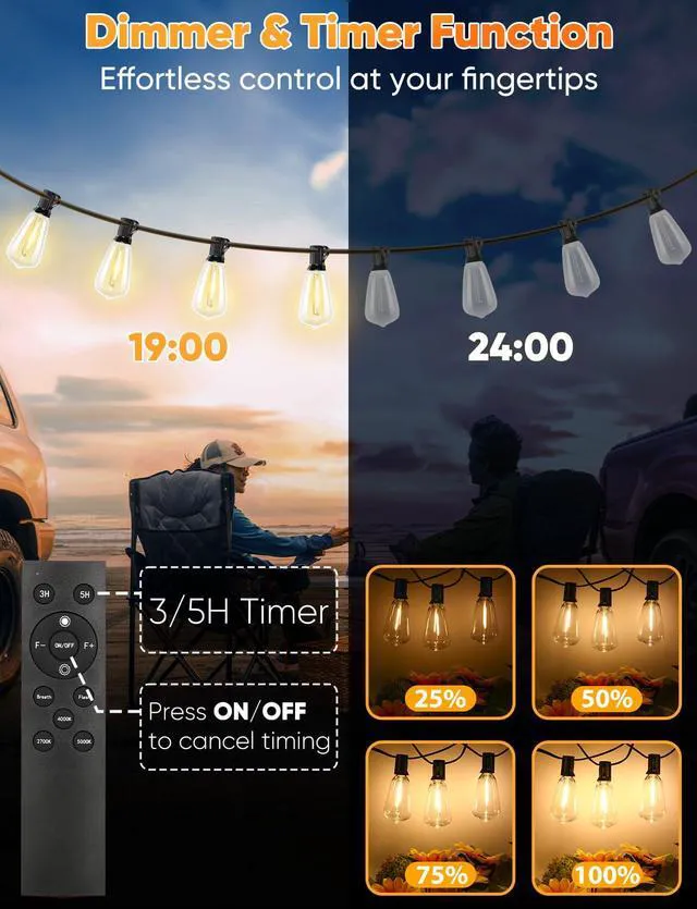 Alt view image 4 of 7 - ST38 Outdoor String Lights with Remote, 3 Color in 1, 120FT, 38 Bulbs, 2700K/4000K/5000K