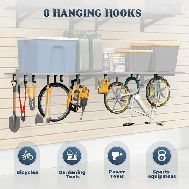 Alt view image 4 of 7 - 2 Pack Heavy Duty Garage Wall Shelving with 8 Hooks, 2x3ft, 500lbs Garage Shelving Wall Mounted, 9-Bar Square Tube, Metal Floating Shelves, Industrial Storage Rack for Bins, Tools, Bikes
