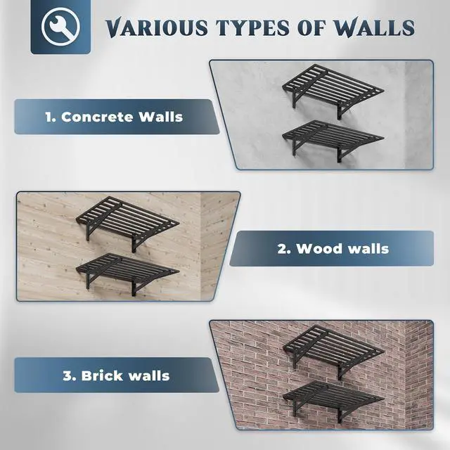 Alt view image 6 of 7 - 2 Pack Heavy Duty Garage Wall Shelving with 8 Hooks, 2x3ft, 500lbs Garage Shelving Wall Mounted, 9-Bar Square Tube, Metal Floating Shelves, Industrial Storage Rack for Bins, Tools, Bikes