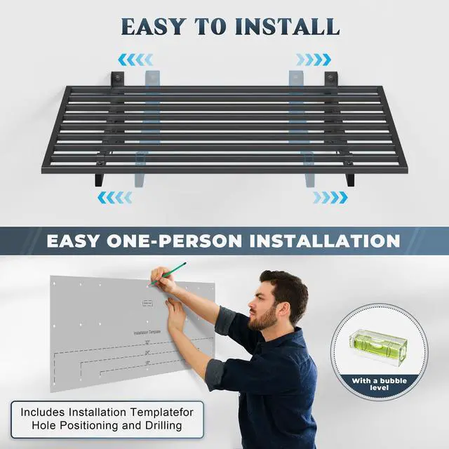 Alt view image 5 of 7 - 2 Pack Heavy Duty Garage Wall Shelving with 8 Hooks, 2x3ft, 500lbs Garage Shelving Wall Mounted, 9-Bar Square Tube, Metal Floating Shelves, Industrial Storage Rack for Bins, Tools, Bikes
