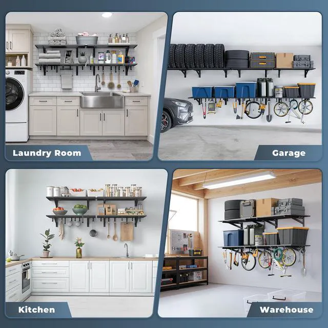 Alt view image 7 of 7 - 2 Pack Heavy Duty Garage Wall Shelving with 8 Hooks, 2x3ft, 500lbs Garage Shelving Wall Mounted, 9-Bar Square Tube, Metal Floating Shelves, Industrial Storage Rack for Bins, Tools, Bikes