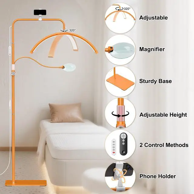 Alt view image 7 of 7 - Half Moon Lash Light - Adjustable LED Floor Lash Lamp with 4X Magnifier & Phone Holder for Eyelash Extensions,Nail Art,Tattoo,Skincare,Salon SPA-Dimmable Brightness,Rotating Head, Orange