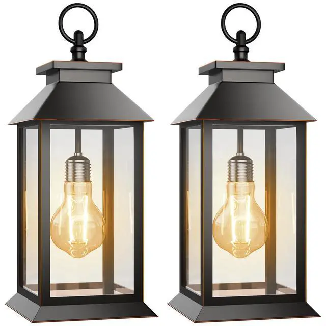 Main image of 2 Pack Solar Lanterns Outdoor, Hanging Glass Solar Lights Waterproof, Dual Power Solar & 2*AA Battery, for Porch, Patio, Yard and Indoor Table or Mantel