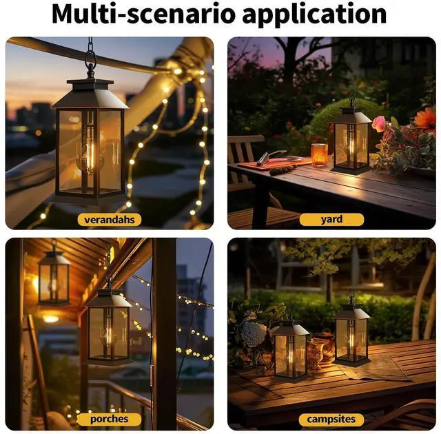 Alt view image 3 of 7 - 2 Pack Solar Lanterns Outdoor, Hanging Glass Solar Lights Waterproof, Dual Power Solar & 2*AA Battery, for Porch, Patio, Yard and Indoor Table or Mantel