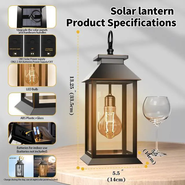 Alt view image 7 of 7 - 2 Pack Solar Lanterns Outdoor, Hanging Glass Solar Lights Waterproof, Dual Power Solar & 2*AA Battery, for Porch, Patio, Yard and Indoor Table or Mantel