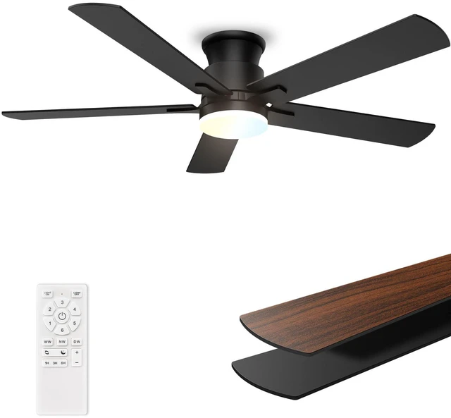 Main image of Ceiling Fans with Lights 52 Inch, Flush Mount, Remote Control, 3CCT Dimmable, 6 Speeds, Quiet Reversible DC Motor, Low Profile Hugger Black Ceiling Fan for Bedroom, Living Room, Indoor/Outdoor, ETL