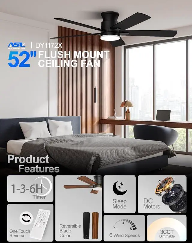 Alt view image 2 of 7 - Ceiling Fans with Lights 52 Inch, Flush Mount, Remote Control, 3CCT Dimmable, 6 Speeds, Quiet Reversible DC Motor, Low Profile Hugger Black Ceiling Fan for Bedroom, Living Room, Indoor/Outdoor, ETL