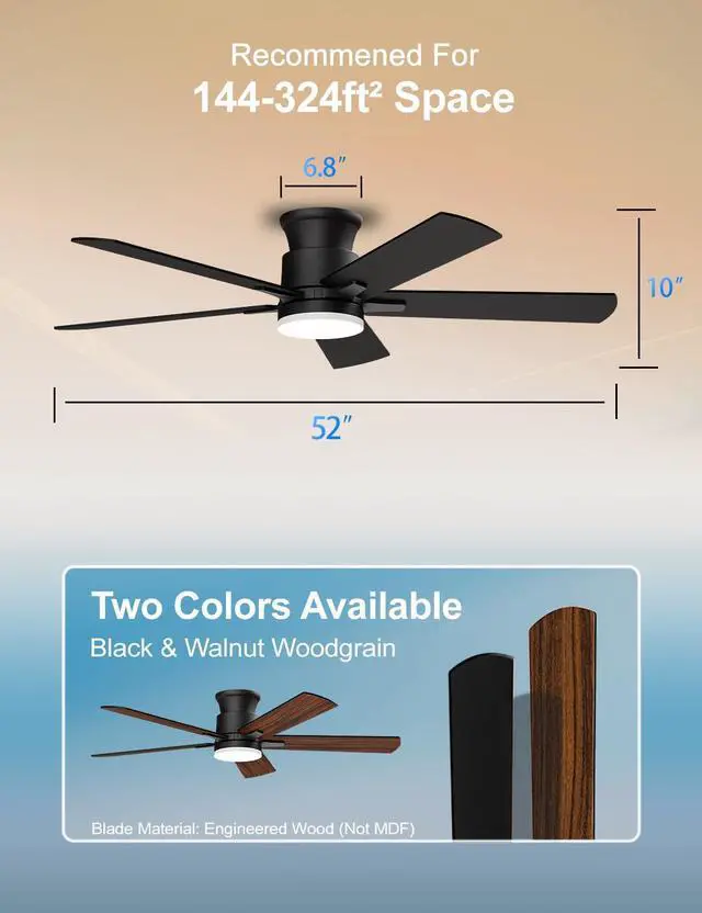 Alt view image 7 of 7 - Ceiling Fans with Lights 52 Inch, Flush Mount, Remote Control, 3CCT Dimmable, 6 Speeds, Quiet Reversible DC Motor, Low Profile Hugger Black Ceiling Fan for Bedroom, Living Room, Indoor/Outdoor, ETL