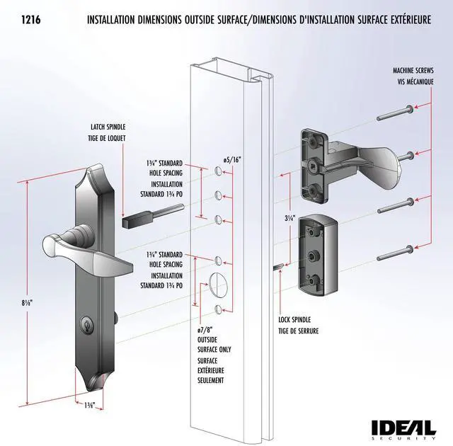 Alt view image 5 of 7 - 1216 Surface Mount Storm Door Handle with Lock and Key for 1 1 ½ inches Thick Doors (Satin Silver, 4-Posts)