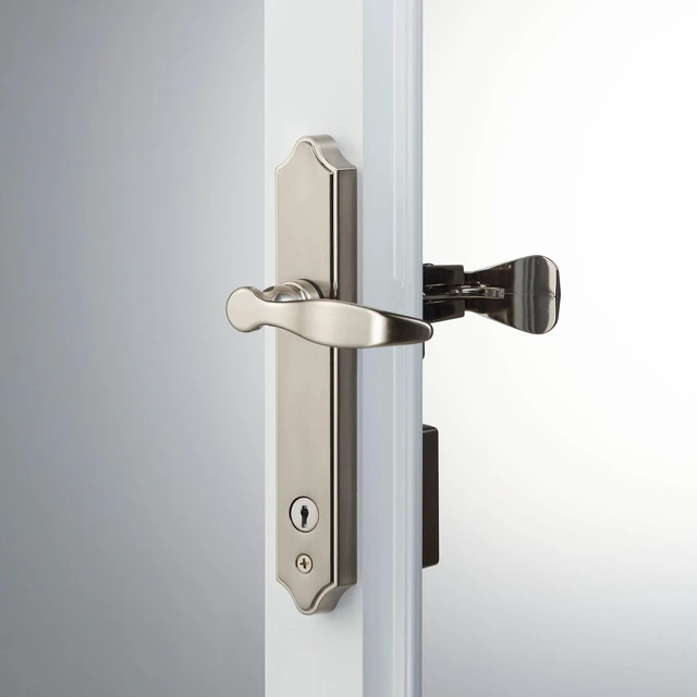 Alt view image 6 of 7 - 1216 Surface Mount Storm Door Handle with Lock and Key for 1 1 ½ inches Thick Doors (Satin Silver, 4-Posts)