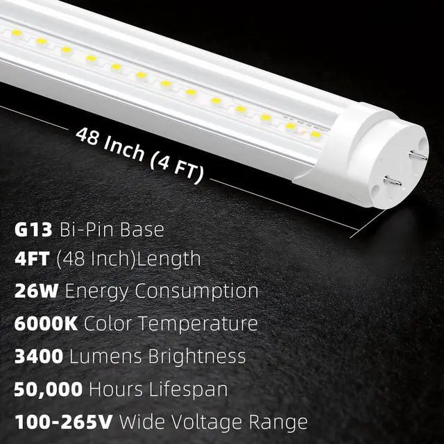 Alt view image 4 of 7 - Fluorescent Light Bulbs 48 inch Long, Type A+B T8 LED Bulb 4 Foot Replacement for F32T8 or F40T12 Lights Tube, 26W(65W Equivalent) 3400lm 6000K Daylight White Non-Dimmable, 10-Pack