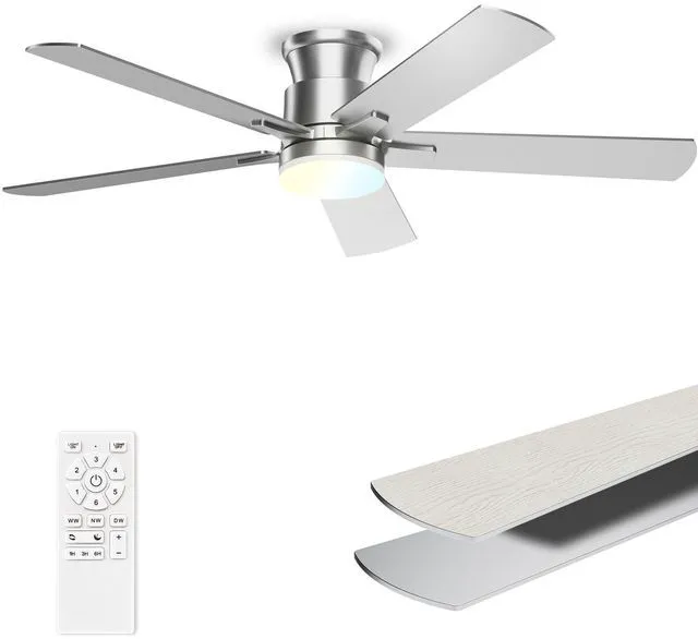 Main image of Ceiling Fans with Lights 52 Inch, Flush Mount, Remote Control, 3CCT Dimmable, 6 Speeds, Quiet Reversible DC Motor, Low Profile Silver Nickel Ceiling Fan for Bedroom, Living Room, Indoor/Outdoor, ETL