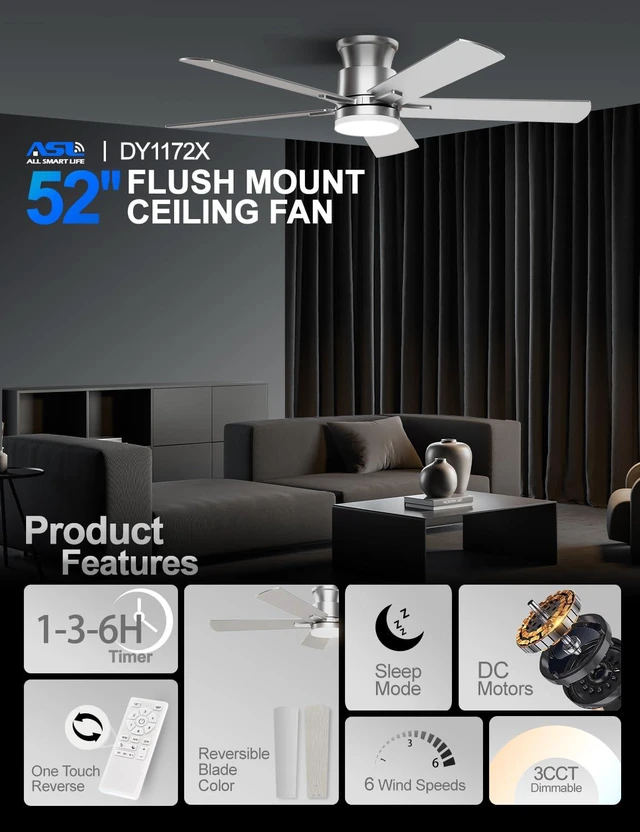 Alt view image 2 of 7 - Ceiling Fans with Lights 52 Inch, Flush Mount, Remote Control, 3CCT Dimmable, 6 Speeds, Quiet Reversible DC Motor, Low Profile Silver Nickel Ceiling Fan for Bedroom, Living Room, Indoor/Outdoor, ETL