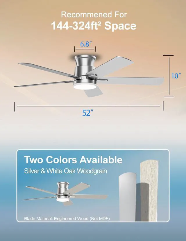 Alt view image 7 of 7 - Ceiling Fans with Lights 52 Inch, Flush Mount, Remote Control, 3CCT Dimmable, 6 Speeds, Quiet Reversible DC Motor, Low Profile Silver Nickel Ceiling Fan for Bedroom, Living Room, Indoor/Outdoor, ETL