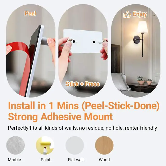 Alt view image 3 of 7 - Peel and Stick Wall Sconces, Stick On Wall Sconce Set of 2, Battery Operated Wireless Adhesive Wall Lights, Corn Bulb with 10000mAh Battery, Easy Install for Bedroom Living Room Wall Decor