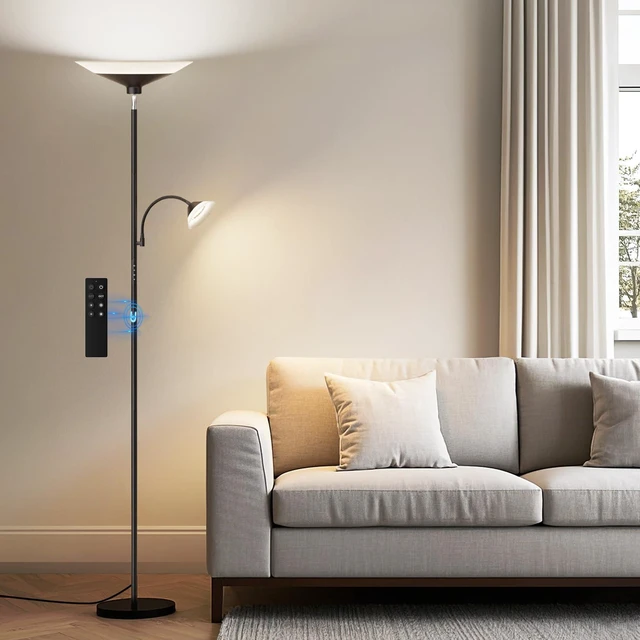 Main image of Upgraded 2-in-1 Torchiere Floor Lamp, Dimmable Standing Lamp with Remote&Button Control, 34W Brightness Adjustable Floor Reading Light, Black Modern Corner Lamp for Living Room Bedroom Office