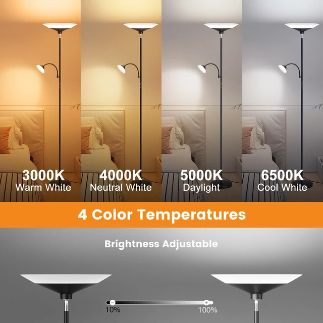 Alt view image 3 of 7 - Upgraded 2-in-1 Torchiere Floor Lamp, Dimmable Standing Lamp with Remote&Button Control, 34W Brightness Adjustable Floor Reading Light, Black Modern Corner Lamp for Living Room Bedroom Office