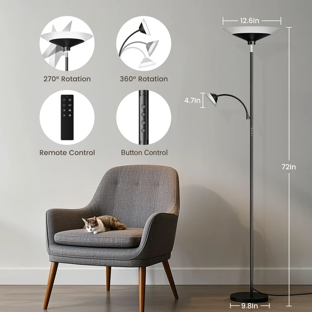 Alt view image 2 of 7 - Upgraded 2-in-1 Torchiere Floor Lamp, Dimmable Standing Lamp with Remote&Button Control, 34W Brightness Adjustable Floor Reading Light, Black Modern Corner Lamp for Living Room Bedroom Office