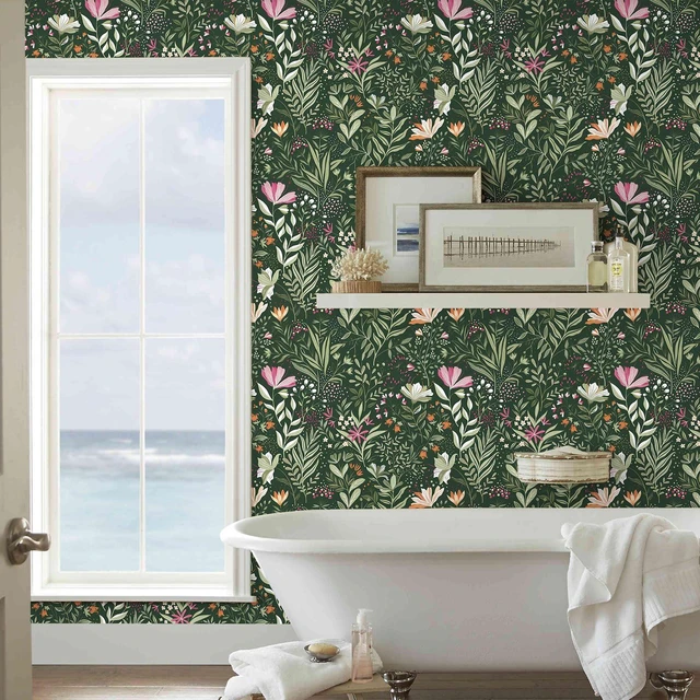 Alt view image 2 of 7 - Green Floral Peel and Stick Wallpaper Boho Dark Vintage 17.3×591 Floral Self Adhesive Contact Paper Botanical Nature Removable Wildflower Wallpaper Waterproof Wallpaper for Bathroom Bedroom