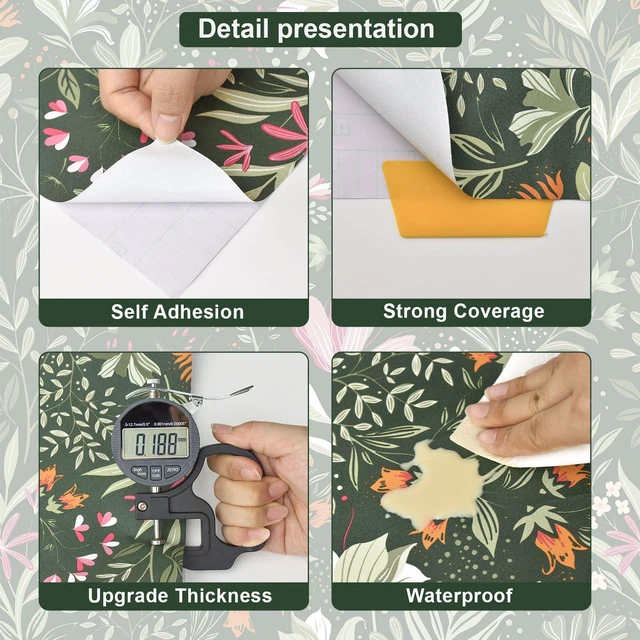 Alt view image 3 of 7 - Green Floral Peel and Stick Wallpaper Boho Dark Vintage 17.3×591 Floral Self Adhesive Contact Paper Botanical Nature Removable Wildflower Wallpaper Waterproof Wallpaper for Bathroom Bedroom
