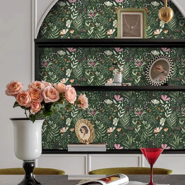 Alt view image 6 of 7 - Green Floral Peel and Stick Wallpaper Boho Dark Vintage 17.3×591 Floral Self Adhesive Contact Paper Botanical Nature Removable Wildflower Wallpaper Waterproof Wallpaper for Bathroom Bedroom