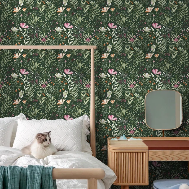 Alt view image 5 of 7 - Green Floral Peel and Stick Wallpaper Boho Dark Vintage 17.3×591 Floral Self Adhesive Contact Paper Botanical Nature Removable Wildflower Wallpaper Waterproof Wallpaper for Bathroom Bedroom