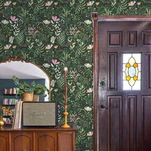 Alt view image 4 of 7 - Green Floral Peel and Stick Wallpaper Boho Dark Vintage 17.3×591 Floral Self Adhesive Contact Paper Botanical Nature Removable Wildflower Wallpaper Waterproof Wallpaper for Bathroom Bedroom
