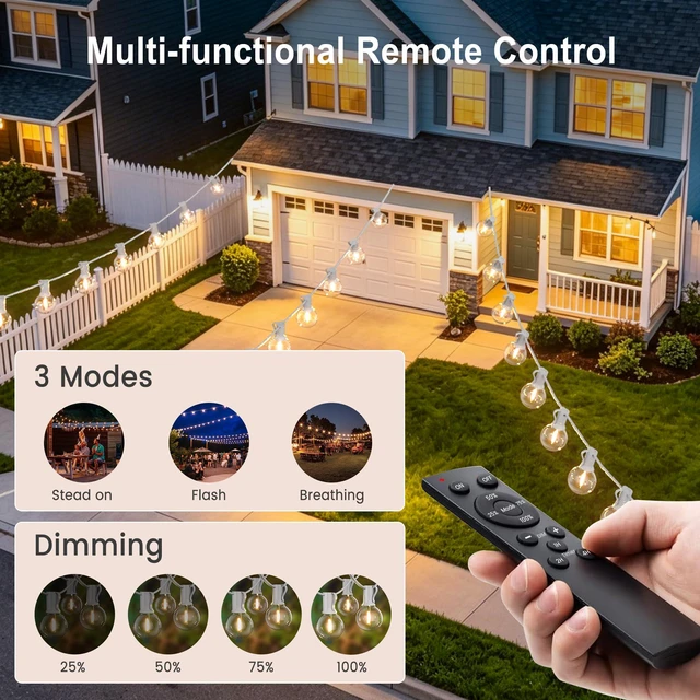 Alt view image 3 of 7 - Outdoor-String-Lights with Remote 102FT Waterproof lights for Outside Patio 1FT Bulbs Apart, White Cord String Lights, Connectable Dimmable Patio Lights with Remote,Timer, 3 Modes for Backyard,Bistro