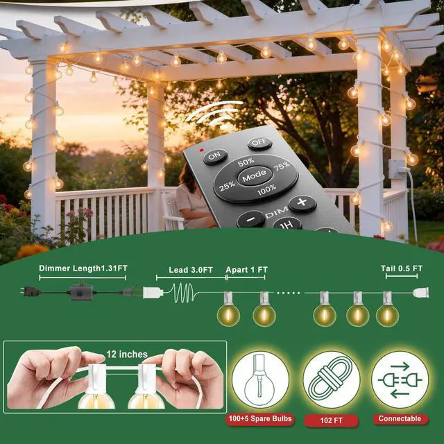 Alt view image 5 of 7 - Outdoor-String-Lights with Remote 102FT Waterproof lights for Outside Patio 1FT Bulbs Apart, White Cord String Lights, Connectable Dimmable Patio Lights with Remote,Timer, 3 Modes for Backyard,Bistro