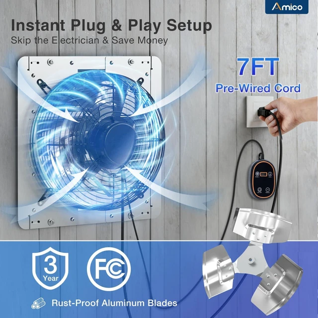 Alt view image 7 of 7 - 12" Shutter Exhaust Fan, Thermostat,1400 Sq.Ft,25W DC Motor, 1282 CFM Energy-Efficient 8-Speed Ventilation Fan, Garage, Attic, Greenhouse, Wall Mount, Plug&Play, 3-Year Protection