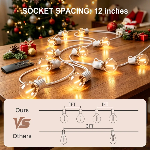 Alt view image 6 of 7 - Outdoor-String-Lights with Remote 102FT Waterproof lights for Outside Patio 1FT Bulbs Apart, White Cord String Lights, Connectable Dimmable Patio Lights with Remote,Timer, 3 Modes for Backyard,Bistro
