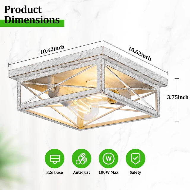 Alt view image 7 of 7 - White Hallway Light Fixtures for Ceiling, 2-Light Farmhouse Industrial Flush Mount Ceiling Lights, 2-Pack Metal Kitchen Light Fixtures, Square Close to Ceiling Lights for Bedroom Living Room Entryway