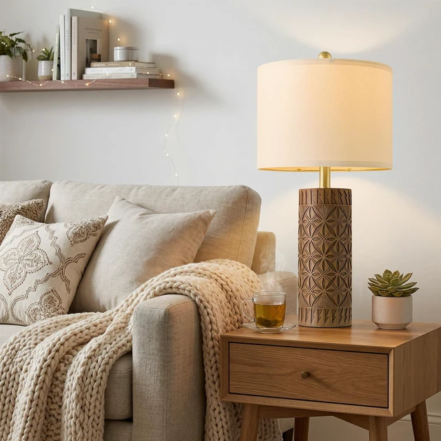 Alt view image 3 of 7 - 24.25" Modern Farmhouse Table Lamps Set of 2, Geometric Wood Grain Resin Bedside Lamps for Nightstand, Rustic Lamps for Living Room, Bedroom, Entryway, Home Decor, Linen Shade