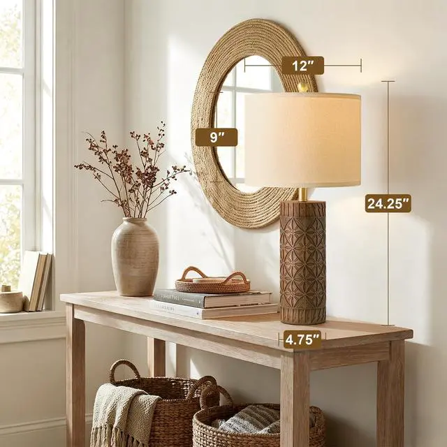 Alt view image 4 of 7 - 24.25" Modern Farmhouse Table Lamps Set of 2, Geometric Wood Grain Resin Bedside Lamps for Nightstand, Rustic Lamps for Living Room, Bedroom, Entryway, Home Decor, Linen Shade