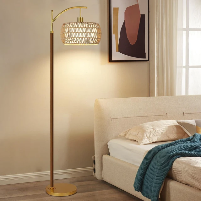 Alt view image 7 of 7 - Boho Floor Lamp for Living Room,Bedroom,Rattan Standing Lamp with Remote Dimmable,Wood Vintage Mid Century Modern Gold Tall Lamp Wicker Lamp Shade Floor Lights Bohemian Tiffany Style