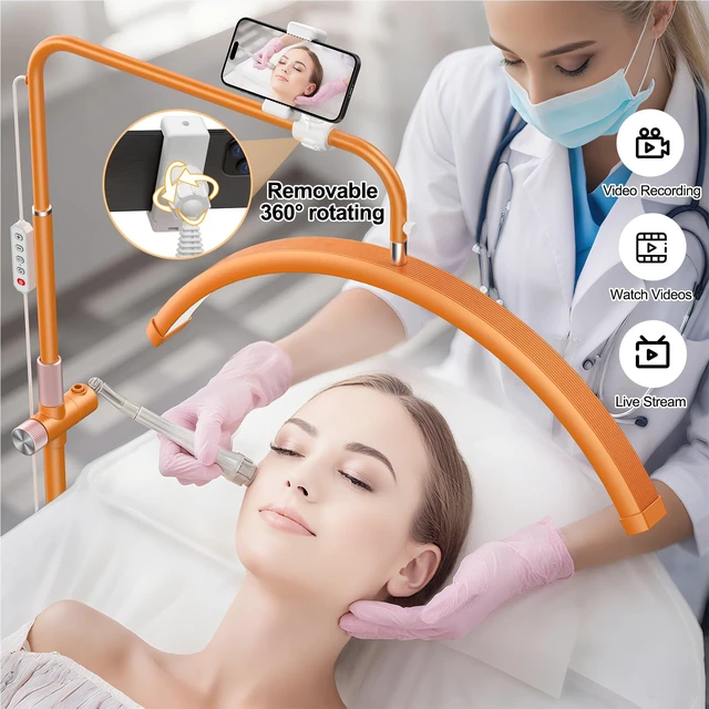 Alt view image 2 of 7 - Half Moon Lash Light - Adjustable LED Floor Lash Lamp with 4X Magnifier & Phone Holder for Eyelash Extensions,Nail Art,Tattoo,Skincare,Salon SPA-Dimmable Brightness,Rotating Head, Orange