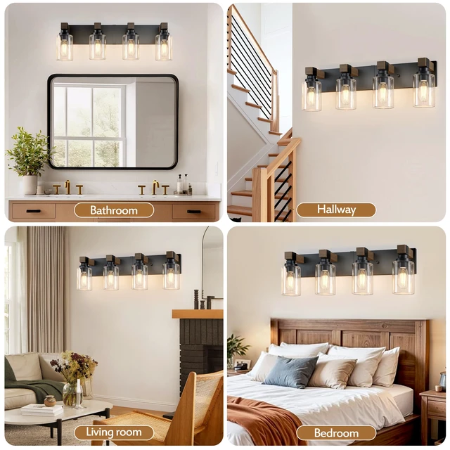 Alt view image 7 of 7 - Farmhouse 4-Light Bathroom Vanity Light Fixtures, Black and Wood 27.5 Rustic Matte Black Metal Frame, Clear Glass Shades, Vintage Wall Sconces Lighting Over Mirror, for Bathroom Restroom