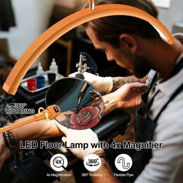 Alt view image 3 of 7 - Half Moon Lash Light - Adjustable LED Floor Lash Lamp with 4X Magnifier & Phone Holder for Eyelash Extensions,Nail Art,Tattoo,Skincare,Salon SPA-Dimmable Brightness,Rotating Head, Orange