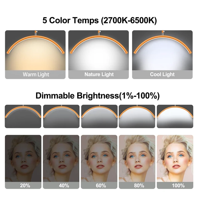 Alt view image 4 of 7 - Half Moon Lash Light - Adjustable LED Floor Lash Lamp with 4X Magnifier & Phone Holder for Eyelash Extensions,Nail Art,Tattoo,Skincare,Salon SPA-Dimmable Brightness,Rotating Head, Orange